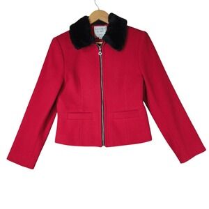 Vtg Kristen Blake Wool Jacket sz XS Women Red Black Faux Fur Collar Full Zip USA